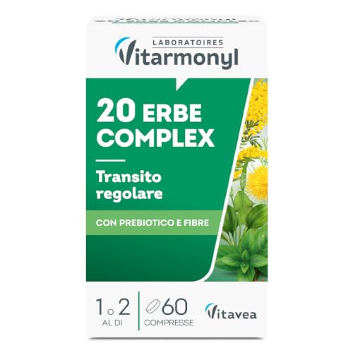 20 Erbe Complex - Transito - Regolarità Intestinale - Con Prebiotico - Ricco in Fibre - Pancia Piatta - Con 20 Erbe - 60 Compresse - Vitarmonyl
