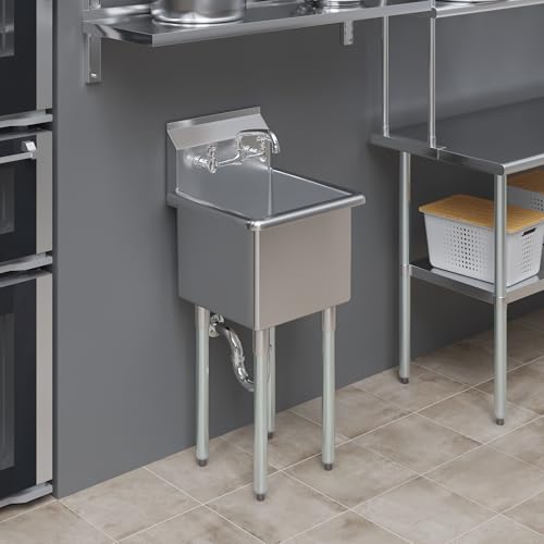 Image of AmGood Stainless Steel Prep & Utility Sink | 304 Stainless Steel | Restaurant, Kitchen, Laundry, Garage | NSF (Bowl Size: 15 inch x 15 inch + Faucet)