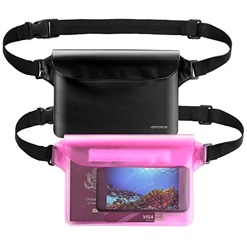 Waterproof Waist Pouch 2-Pack | Beach Accessories Waterproof Fanny Pack Dry Bag for Swimming Snorkeling Sailing Kayaking Pool Water Parks | Keep Your Phone Wallet Safe and Dry (Black & Pink)