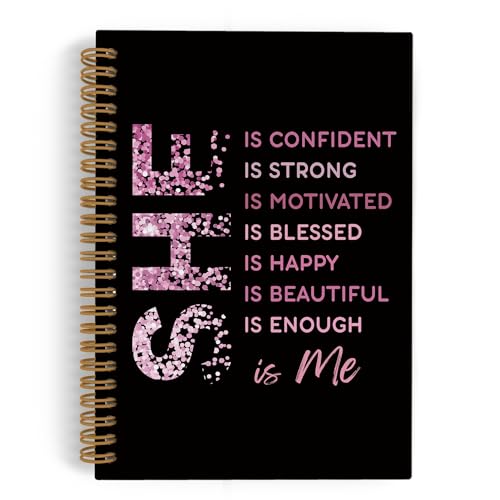 QLMX She Is Me Affirmations Spiral Notebook, Pink Black Inspirational Self Care Journal Notebook, Positive Notebooks for School Work, Self Love Office Supplies Gifts for Women Girls, 5.5x8.3 Inch
