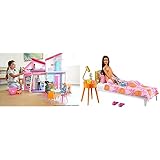 Barbie Casa Malibu (Mattel FXG57) Y Barbie en Casa Muñeca Morena con Set de Juguete de Habitación, con Cama y Accesorios (Mattel GRG86)