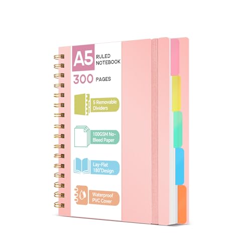 ihaspoko A5 Notebook with Dividers - 100GSM No-Bleed Paper, 300 Pages, PVC Hardcover, Spiral Project Book for School, Office & Gifts (Pink)
