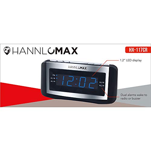 HANNLOMAX HX-117CR Alarm Clock Radio, PLL AM/FM Radio, Blue LED 1.2 Inches Display, Dual Alarms, Alarm Wake Up to Radio or Buzzer