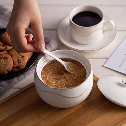 Kitchendao Porcelain Sugar Bowl With Lid And Spoon – Dust Free- Ceramic Sugar Holder Container For Countertop Kitchen Coffee, Dishwasher Oven Freezer Safe, 11Oz #TOP1