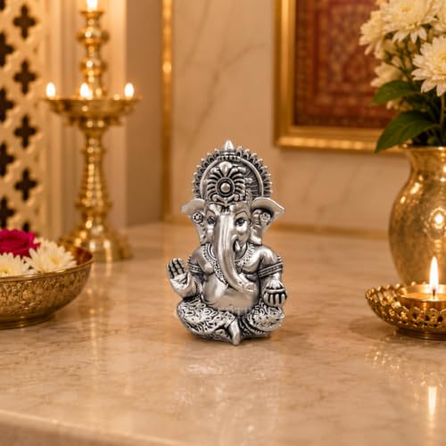 Image of Gold Art India Ganesh Idol 999 Silver Plated Antique Matte | 3 x 2 Inch Ganesha Murti with Peacock Blue Velvet Gift Box | Home Temple, Office Desk & Spiritual Gift