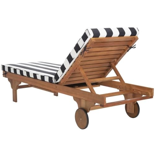 Image of SAFAVIEH Outdoor Collection Newport Natural / Black & White Stripe Cushion Built-in Side Table Adjustable Chaise Lounge Chair
