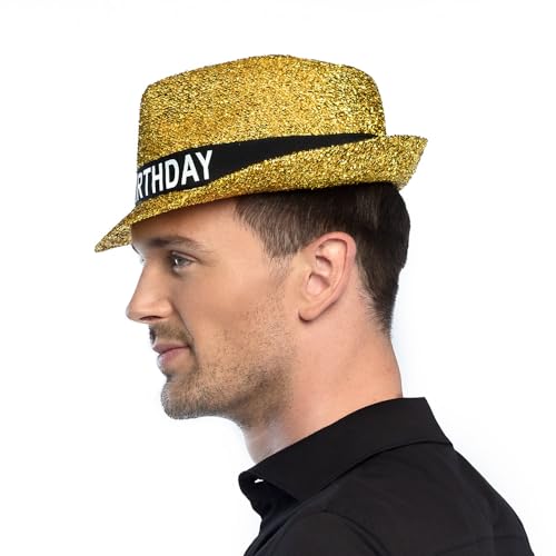 Boland 00941 - Hoed Sparkling Happy Birthday, verjaardag, goud, glitter, zwarte band met wit opschrift, accessoire, cadeau, outfit, feest - Afbeelding 3