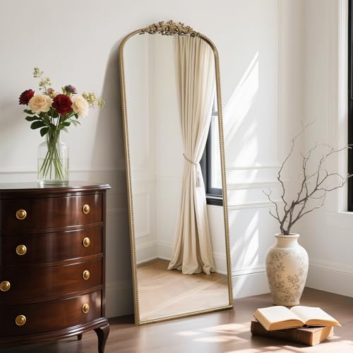 Image of WallBeyond Arched Full Length Mirror Wall Mounted, 21x56 Inch Gold Antique Mirror, Vintage Metal Frame Full Body Mirro for Bedroom, Living Room, Hanging or Leaning