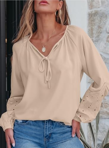 EVALESS Womens Tops Dressy Casual V Neck Long Sleeve Hollow Out Embroidered Blouses Shirts Spring Summer Outfits 20253