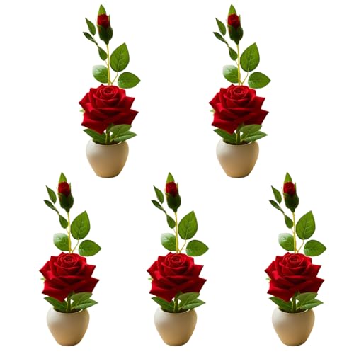 Sheux Artificial Red Rose Flowers with Pot | Elegant Home & Office Decorative Flowers, Tabletop & Desk Décor, Indoor & Balcony Artificial Red Roses, Festival Theme Decoration (Pack of 5)