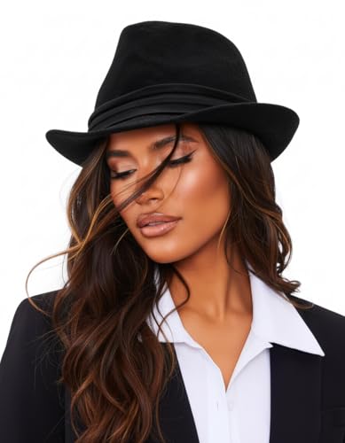 Men Women Classic Wool Felt Fedora Hat-1920s Gatsby Short-Brim Trilby Jazz-Cap Black Winter-Hats for Women Men
