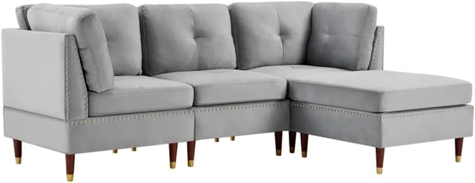 Sectional Sofa Couch with Ottoman, L-Shaped with Nail for Apartment and Living Room