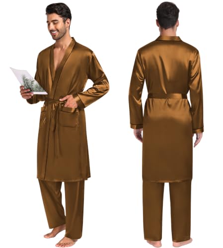 Image of SWOMOG Mens 3 PCS Satin Robe with Pants & Shorts Set Kimono Bathrobe Long Sleeve Sleepwear Pjs Sets with Pockets