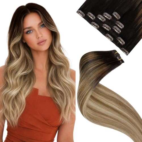 Image of LaaVoo Clip in Hair Extensions Real Human Hair Balayage Hair Extensions Clip ins Darkest Brown Ombre Mix Ash Brown Blonde Human Hair Clip in Extension 18Inch 5pcs 80g