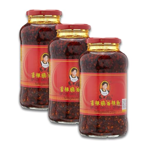Lao Gan Ma Roasted Chilli Paste 3 x 210 g – Knusprige Chilis in Öl, geröstete Chiliflocken mit Szechuan Pfeffer, Chili Sauce mit fermentierten Sojabohnen, würzig und scharf, vegan mit Kajal Sticker