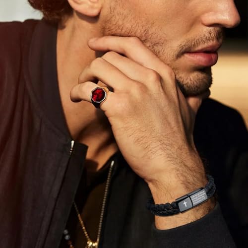 Pulsera de cuero tejido con cruz y cuentas de piedra lava para hombre miniatura 3