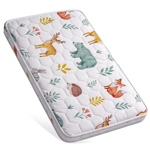 PlentiVive Baby Bassinet Mattress Pad 33" x 20" x 1.5", Firm Breathable Foam Mattress for Bassinet, Anti-Slip Cradle Mattress Pad, Woodland Print, Fits Moses Basket, Baby Delight, Mika Micky
