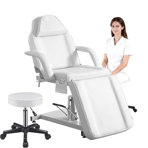 KernGut Hydraulisches Massagelieg 360Drehbare Tattooliege Kosmetikstuhl höhenverstellbare Kosmetikliege Zubehör Removable Armrests Headrest Hocker & Bettwäsche (Weiß)