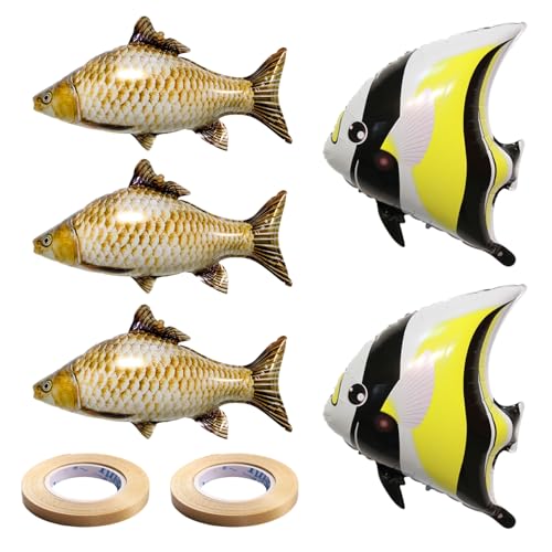 TYFGRT 3 Globos De Carpa Cruciana Y 2 Globos De Pez Hoz, Equipados con 2 Cintas Doradas, Globos De Pez Simulados, Globos De Papel De Aluminio, Globos Creativos con Forma De Animal, Globos De Fiesta