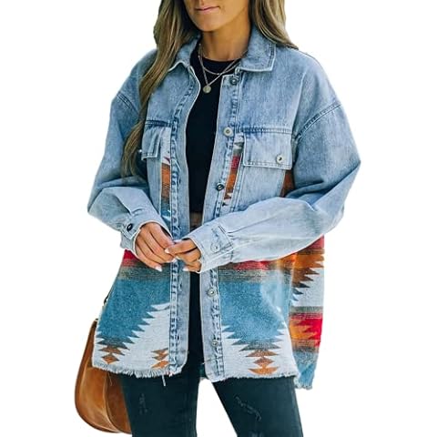 Joiemont Womens Aztec Denim Jacket Lapel Button Down Print Coat Long Sleeve Vintage Denim Shacket, Blue, Medium Cover