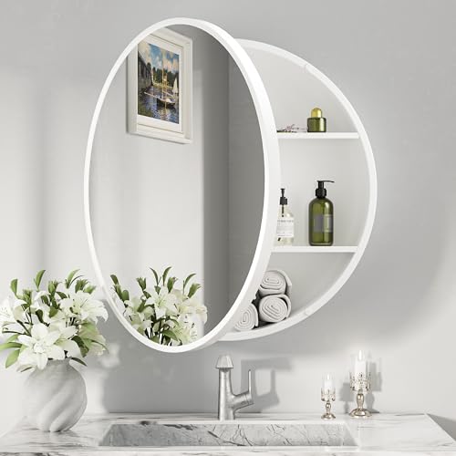 Image of Keonjinn 24 Inch White Round Medicine Cabinet with Mirror, Rust Resistance