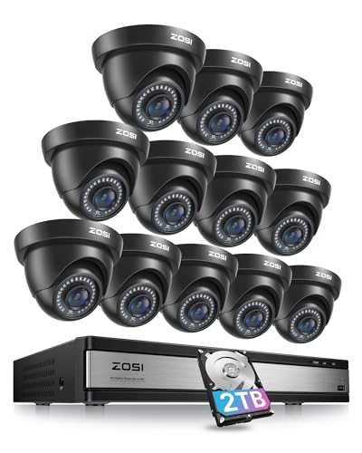 ZOSI 16 Channel Security Camera System 1080p, 2MP H.265+ Hybrid 16CH DVR with AI Human Vehicle Detect, 12 x 1080p CCTV Dome Camera Outdoor, 80ft Night Vision, 90° View Angle, Remote Access, 2TB HDD