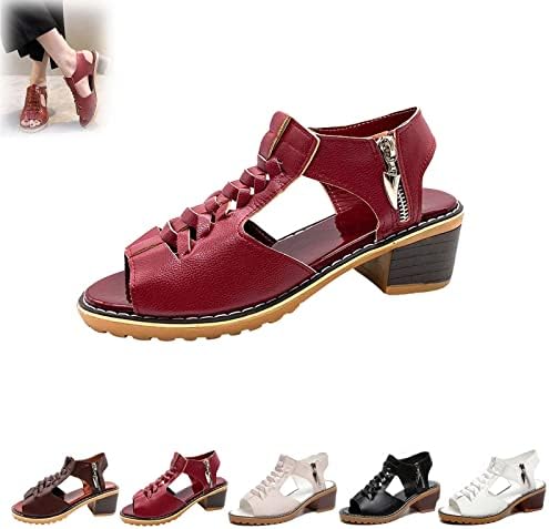 TWWBDJ Libiyi Sandals, Libiyi Peep Toe Cutout Zipper Chunky Heeled Sandals, Women's Peep Toe Hollow Weave Fish Mouth Orthotic Sandals (Color : Wine red, Size : 39)