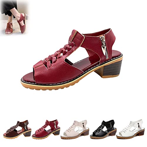 Twwbdj Libiyi Sandals, Libiyi Peep Toe Cutout Zipper Chunky Heeled Sandals, Women's Peep Toe Hollow Weave Fish Mouth Orthotic Sandals (Color : Wine Red, Size : 39) #TOP24