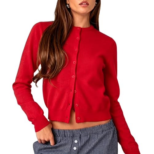 Image of Women's Y2K Lightweight Button Down Long Sleeve Casual Crew Neck Soft Knit Fall Cardigan Sweater Tops