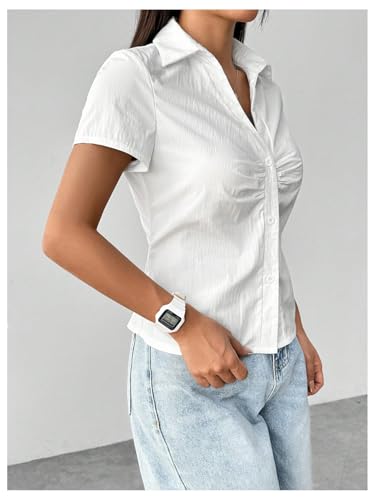 SweatyRocks Women's Ruched Button Up Blouses Collar V Neck Short Sleeve Work Shirts3