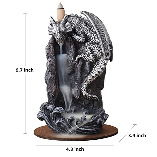 Makouyu Dragon Backflow Incense Holder Waterfall Incense Burner, With 100 Backflow Incense Cones,1 Mat,1 Tweezers，Dragon Statues，Aromatherapy Ornamental For Home Office Yoga （Silver Dragon） #TOP1