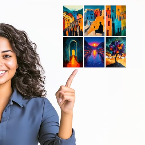 Image of SiddArtify Abstract Village Wall Art Poster Print Set - Modern Architectural Decor for Living Room Office - Set of 2-4x6 Inch - Board (Pack of 6) - Sticker (Pack of 6)