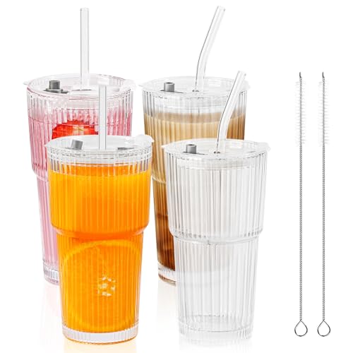 LYBHWBF 4 Pack 20oz Glass Cups with Lids and Straws Vintage Ribbed Glassware for Beer Ice Coffee Fruit Juice Glasses Elegant Aesthetic Cup Great for Coffee Bar Accessories Include 2 Cleaning Brushes