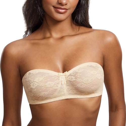 Image of DOBREVA Women's Strapless Lace Bras Unlined See-Through | Underwire, Floral Lace, Sexy, Sheer, Soft, Bow, Multiway, Comfort