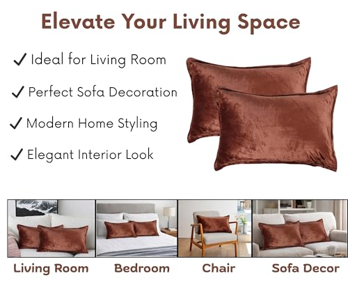 Image of RD TREND Velvet Cushion Covers Set of 2, Soft Long Cushion Covers 18x28 Inches, Rectangular Decorative Throw Pillowcases for Sofa, Bed & Living Room | Solid Coffee