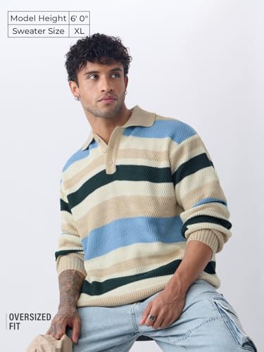 Buy The Souled Store Textured Pullover: Seaside Men and Boys Long Sleeves Polo Collar Striped Textured Acrylic Lightweight Casual Oversized Fit Pullover Sweater at Amazon.in - Image 3