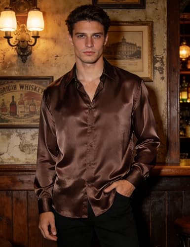 Image of Hi-Tie Men's Silk Satin Dress Shirts Long Sleeve Shiny Casual Button Up Shirts Luxury Party Disco Prom Wedding Shirt