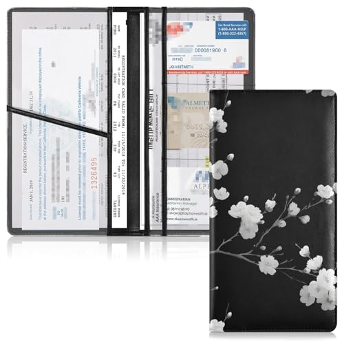 Car Registration and Insurance Holders Flowers White Black Print, PU Leather for License Documents Cards