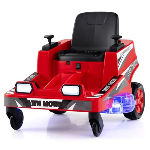 Costzon Ride on Lawn Mower for Kids, 12V Toddler Electric Car with 360° Twist and Turn, Dual Control Sticks, LED Lights, Outdoor Ride on Toy Gift for Boys & Girls Aged 3-8 (Red)
