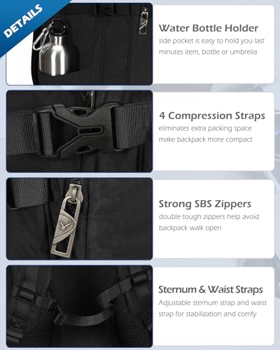 Hynes Eagle 44L Carry on Backpack Airline Approved Travel Backpack for Men Women Large Laptop Backpack 17 inch Nylon Backpack Overnight Weekender Bag Black with Waist Pack Grey3