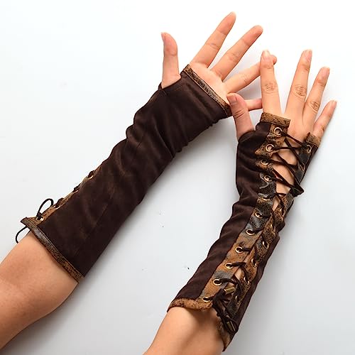 BPURB 1 Pair Women's Steampunk Fingerless Gloves Elbow Lace Up Gloves for Halloween Costume Cosplay Party brown, One Size - Image 4