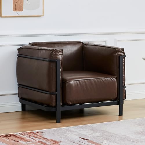 Image of QHITTY Sofa Chair, Mid-Century Modern Upholstered Couch Chair Faux Leather Sofa Couch with Iron Frame and Upholstered Armrest Backrest Cushion for Living Room, Office, Apartment (Brown)