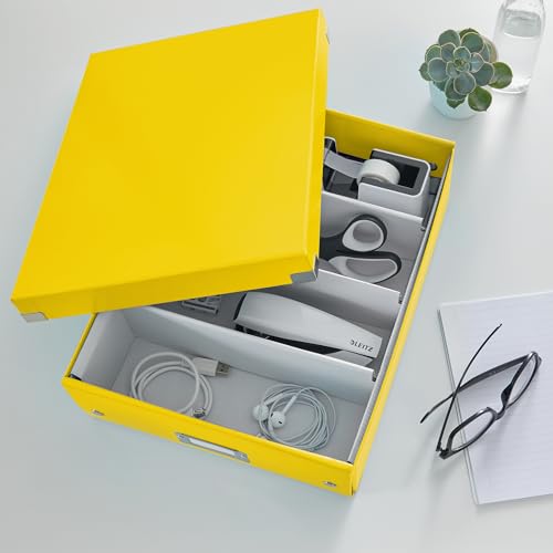 Leitz Click & Store Aufbewahrungsbox mit Deckel Mittel-Groß, Box mit Trennwänden für Zubehör im Büro oder Utensilien im Haushalt, Transportbox aus 85 % recycelter Premium-Hartpappe, Gelb, 60580016