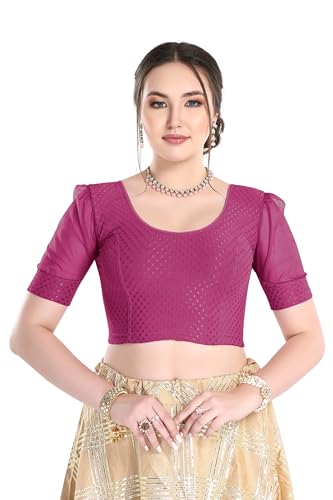Image of FINESTFIT Stay On Trend Fashion 100% Cotton Readymade Blouses for Women,Round Neckline with Organza Balloon Sleeves.
