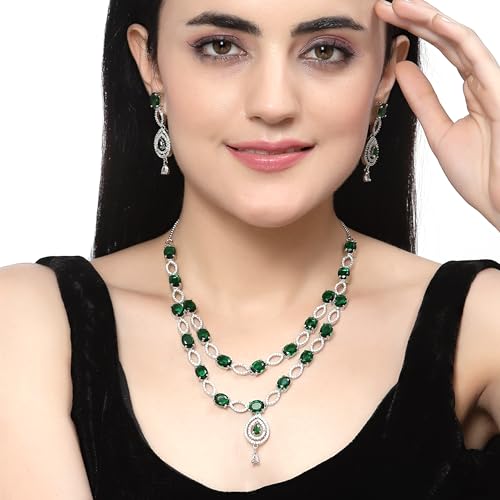 Abstract Necklace & Earrings Set Rhodium-Plated AD Studded