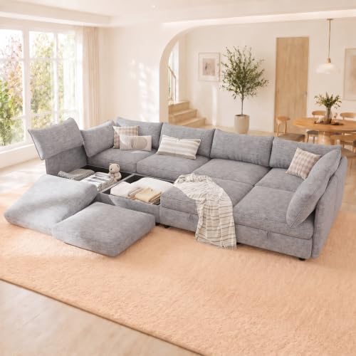 Image of 125 inch 8 Seat Modular Sectional Sleeper Sofa, Chenille Modern Modular Sofa Bed Hidden Storage, Convertible L&U Shaped Sleeper Couch with Ottoman, Couches for Living Room, Gray