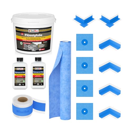 Isolbau Dicht-Set - Inkl. 1x Flüssigfolie (12 kg) 2x Tiefengrund PRO (1 L) 1x Dichtband (20 m) 1x Dichtbahn (2 m) 4x Innenecken 2x Außenecken & 4x Manschetten