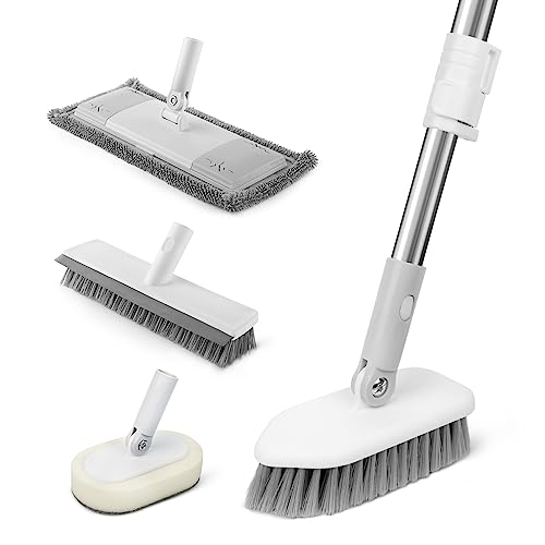 HELIME 5in1 Tub and Tile Shower Scrubber, 44'' Long Extendable Handle, Flat Floor Mop, Scrape Grout Stiff Bristles Brush, Non Scratch Scouring Sponge Pads Head for Cleaning Bathtub, Bathroom Wall Sink