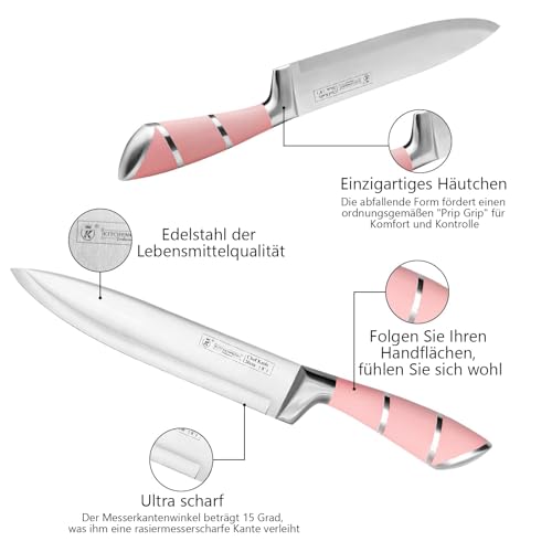 Justup 9-tlg Messerset mit Drehbare Acryl Messerblock, Rosa Sharp Antihaft Beschichtete Kochmesser Block Set,Edelstahl Messer Set für Küche mit Schärfer zum Schneiden Schneiden Würfeln Hacken (Rosa)