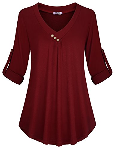 Hibelle Plus Size Fall Clothes for Women, Casual Work Shirts Blouses Burgundy Cross V-Neck Cuffed Sleeve Henley Daily Lounge Wear Pregnant Relaxed Fit Tunic Tops Wine Red XX Large